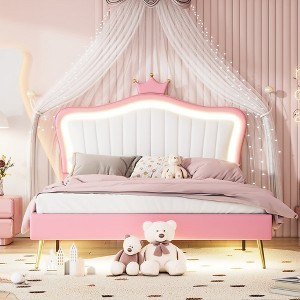 Upholstered Bed Frame with LED Lights,Modern Upholstered Princess Bed With Crown Headboard - 1 of 4