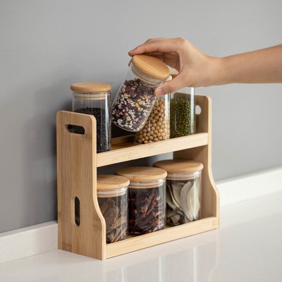 Natural Bamboo 2-Tier Spice Rack with Glass Jars