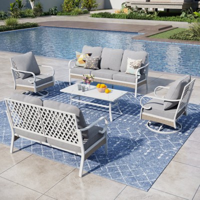 Captiva Designs 5pc Extra Large Metal and Rattan Outdoor Patio Conversation Set with Swivel Grid-back Chairs and Loveseat