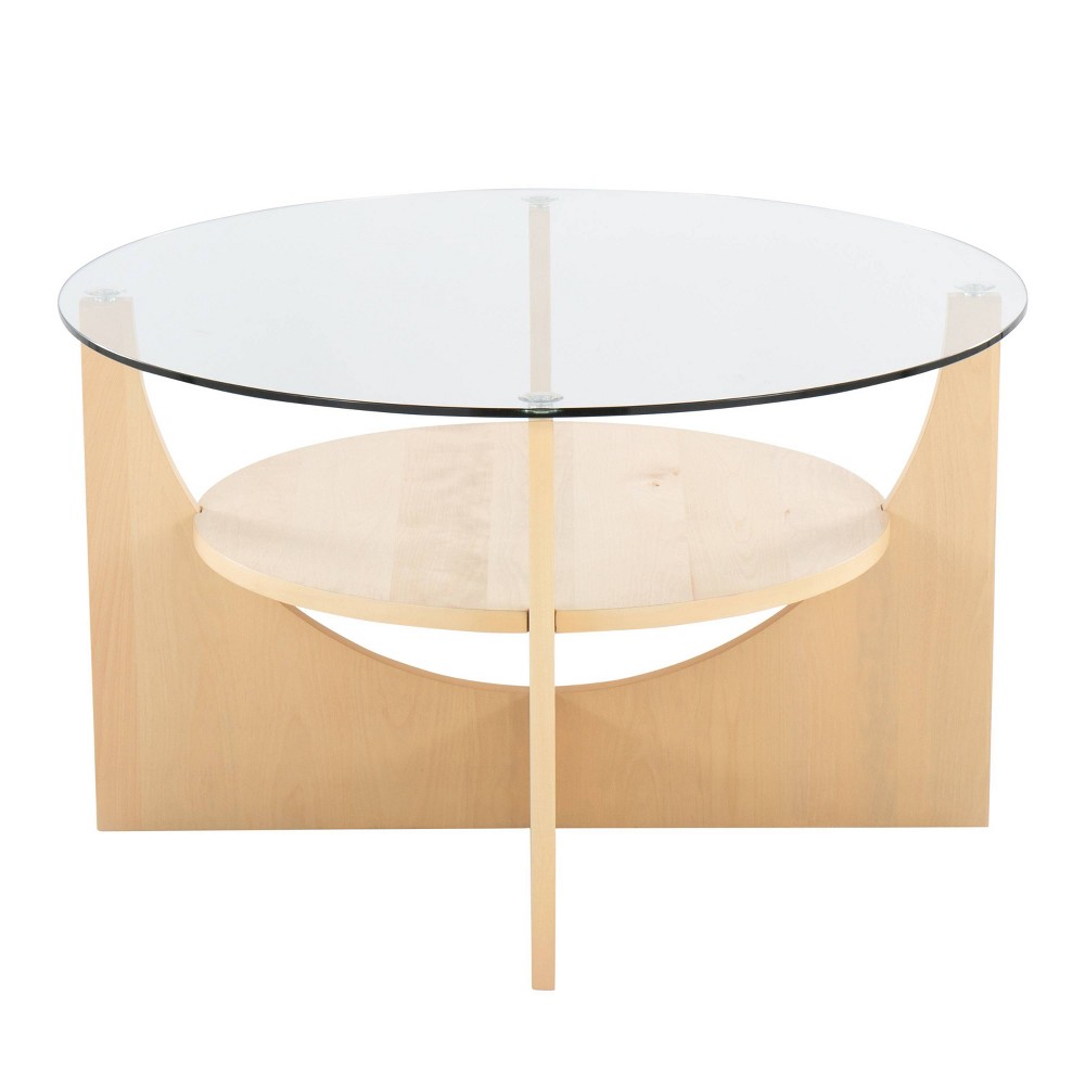 U-Shaped Coffee Table Natural/Clear Glass - LumiSource: Overlapping Bases, Fixed Shelf, Veneer Finish