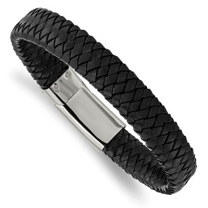 Black Bow Jewelry 12mm Stainless Steel Black Braided Leather Bracelet, 8.5 Inch - 1 of 4