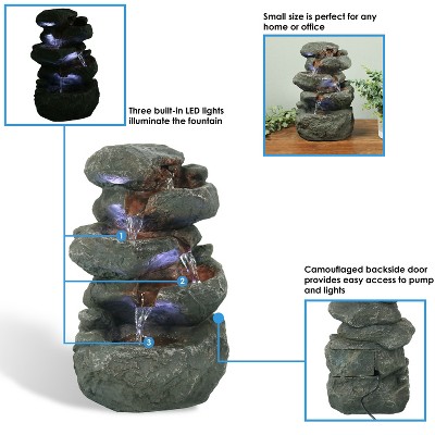 Light Grey Polyresin Stacked Rocks Tabletop Fountain with LED Lights