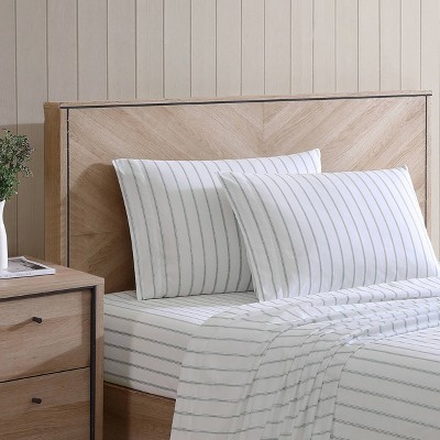 King White and Green Stripe Cotton Percale Sheet Set