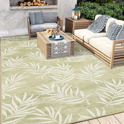 Indoor Outdoor Rugs Bamboo Palm Leaves Weather Resistant  UV Resistant Patio Rug Washable Stain Resistant Non-Slip Patio Carpet