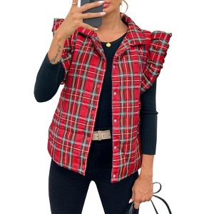 Imily Bela Womens Plaid Puffer Ruffle Sleeveless Lightweight Quilted Vest Fall Winter Padded Gilets Coats - 1 of 4