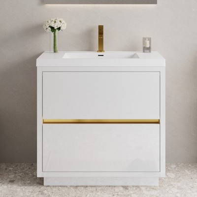 GlasFlength Bathroom Storage Cabinets, Freestanding, Open shelving Bathroom Vanity，Assembly Required, White, 35.5"*19.75"*35.5"