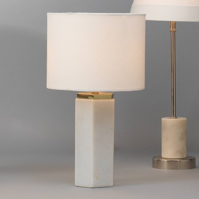 White Marble Table Lamp with Brass Accents and Linen Shade
