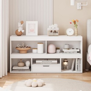 Wooden Bookshelf with Drawer, Storage Organizer with Cubby Shelves for Playroom, Classroom, Library, Study Room - 1 of 4