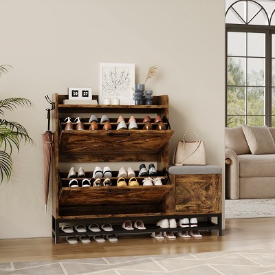 Shoe Cabinet with 2 Flip Drawers, Hidden Wood Narrow Shoe Cabinet with Shoe Bench & 2 Hooks for Entryway Hallway, Living Room