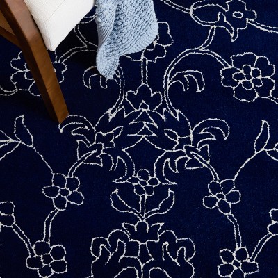 Navy/Ivory Floral Tufted Wool & Silk 3' x 5' Area Rug