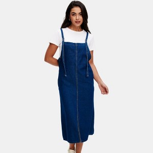 Knit & Lounge Women’s Denim Overall Dress Adjustable Tie Straps Straight Fit Maxi Length Sleeveless Layering Look - 1 of 4