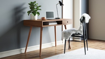 Parker Light Brown Wood Mid-Century Desk with Drawer