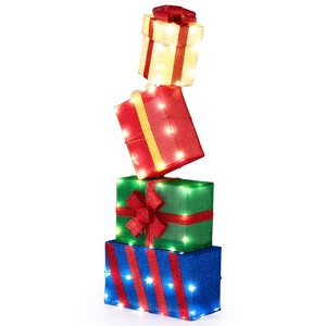 Tangkula 4 Ft Stackable Gift Boxes Set of 4 Stacked Boxes with Warm White LED Lights Festive Bows 2 Display Methods Pre-lit Holiday Decoration - 1 of 4