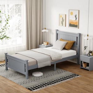 VINGLI Twin Bed Frame Solid Wood Platform Bed Frame, Single Panel Bed with Headboard, No Box Spring Needed Panel Bed, Wood Slat Support, Gray - 1 of 4