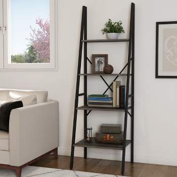 Lavish Home 4-Tier Ladder Bookshelf – Freestanding Industrial Style Wooden Shelving, Gray/Black