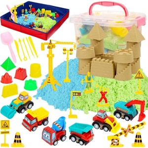 43PCS Sand Play Set w/ 6 Construction Trucks & Castle Molds - Foldable Bin, Tools, Signs for Boys & Girls - All-in-One Sandbox Kit - 1 of 4