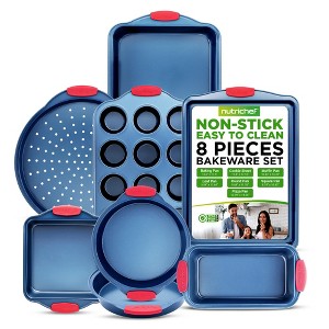 NutriChef Kitchen Oven Baking Pans - 8 Piece Deluxe Nonstick Blue Coating Inside & Outside Carbon Steel Bakeware Set With Red Silicone Handles - 1 of 4
