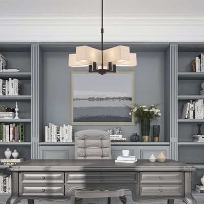 Satin Brass and Black 5-Light Chandelier with Fabric Shades