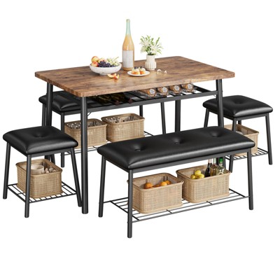 WhizMax 5-Piece Dining Table Set with Storage Rack, Dinner Table Set with 2 Bench and 2 Stools, Kitchen Table Set for 4, for Small Space, Brown