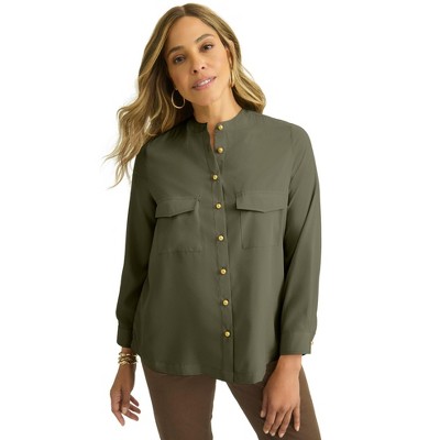 Jessica London Button-Front Chest Pocket Blouse