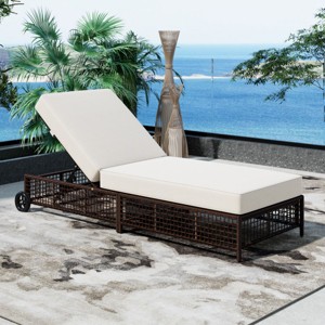 Adjustable 5-Position Rattan Outdoor Lounge Chair with Wheels, Cushions, Weather-Resistant Frame for Patio & Pool -Coolbibila - 1 of 4
