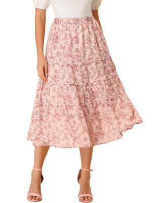 INSPIRE CHIC Women's Floral Elastic Waist Tiered Ruffle Boho Midi Skirts