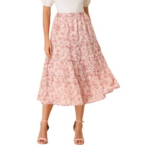 INSPIRE CHIC Women's Floral Elastic Waist Tiered Ruffle Boho Midi Skirts - 1 of 4