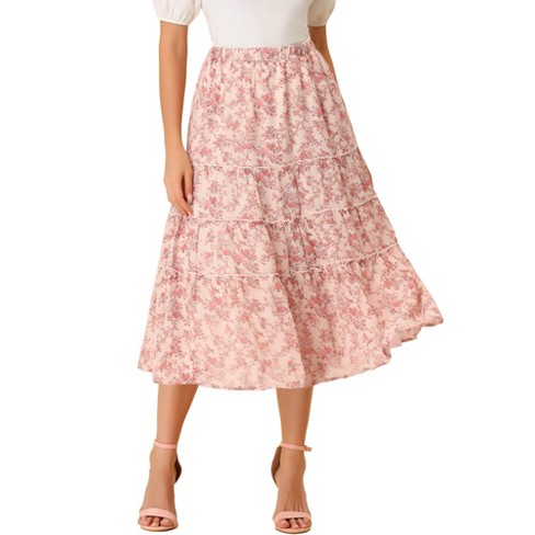 Allegra K Women's Floral Long Skirts Elastic Waist Tiered Ruffle Boho ...