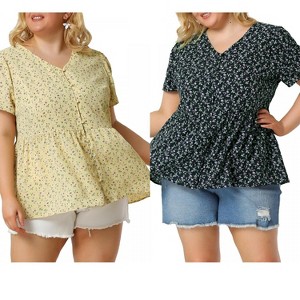Women's Plus Size 2 Pieces Floral Ruffle Hem V Neck Short Sleeve Cinched Waist Casual Peplum Blouses with Buttons - Agnes Orinda - 1 of 4