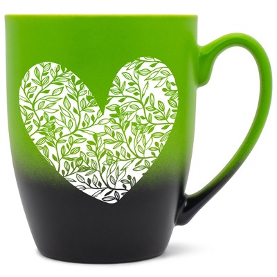 Elanze Designs Heart Leaf Two Toned Ombre Matte Green and Black 12 ounce Ceramic Stoneware Coffee Cup Mug