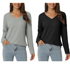 INSPIRE CHIC Women's V Neck Waffle Knit Long Sleeve Casual Tunic Blouses 2 Packs - 1 of 4