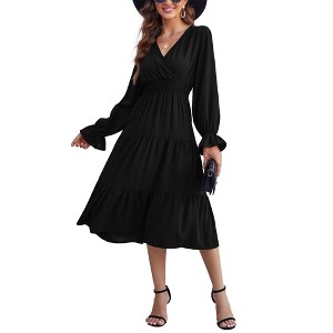 Clearlove Casual V Neck Layered Long Sleeve Wedding Guest Maxi Dresses for Women Flowy Maxi Dress - 1 of 4