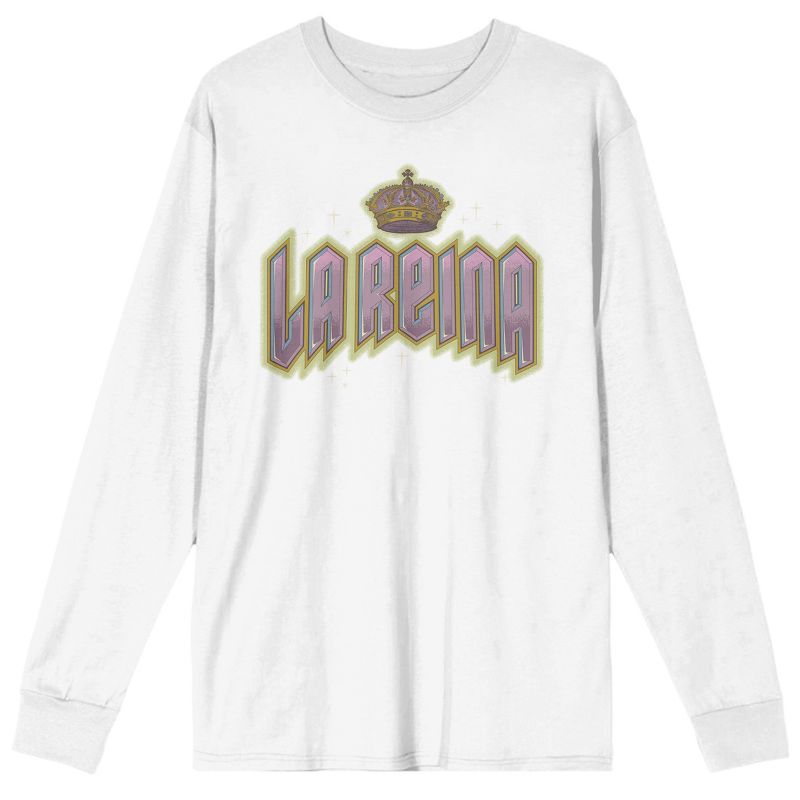 "La Reina" ("Queen") Metallic Font Adult White Long Sleeve Crew Neck Tee, 1 of 4