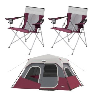 CORE Set of 2 Portable Camping Chair w/Cooling Mesh Back & Carrying Storage Bag and 11 x 9-Foot 6-Person Cabin Tent w/Rain Fly & Ground Stakes, Wine - 1 of 4