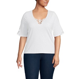 Lands' End Women's Elbow Sleeve Slub Lace Trim T-Shirt - 1 of 4