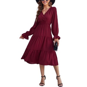 Women's Casual Wrap V Neck Midi Dress Long Sleeve Smocked Waist Tiered A Line Pleated Flowy Long Dress - 1 of 4