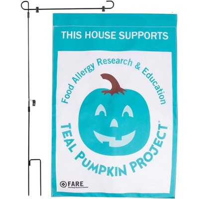 Halloween Garden Flag - "Teal Pumpkin Project" - POLE INCLUDED- 12"x18" - Outdoor Water & Weatherproof Lawn Sign, Spooky Fall Party House Decoration