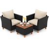 Costway 3 PCS Outdoor Patio Rattan Bistro Furniture Set Wooden Table Top Cushioned Sofa Black Brown - 2 of 4