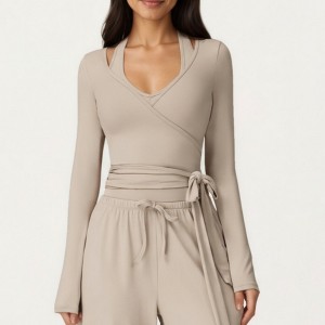 Anna-Kaci Active Women's V-Neck Belted Waist Layering Piece Outwear with Front Tie Detail - 1 of 4