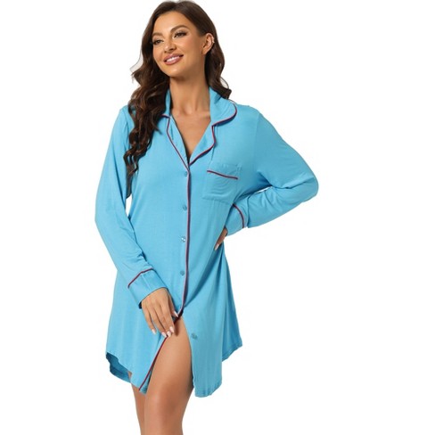 Cheibear Women's Long Sleeve Button Down Lounge Dress Nightshirt Sleepwear  Sky Blue Medium : Target