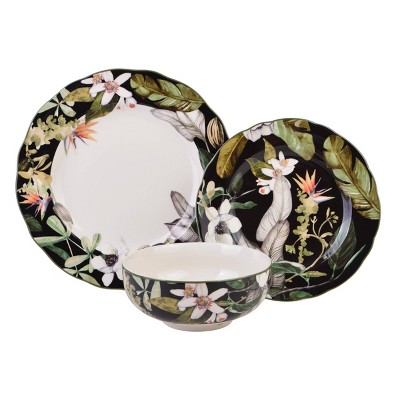 Borneo Black Floral Porcelain 12-Piece Dinnerware Set