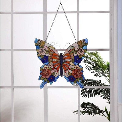 Colorful Tiffany-Glass Butterfly Window Panel with Textured Black Finish