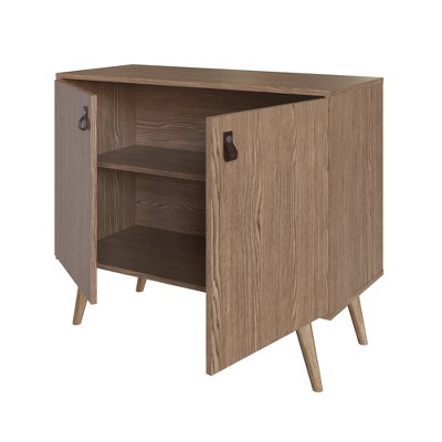 Amber Natural Eucalyptus Wood Buffet Sideboard with Faux Leather Handles