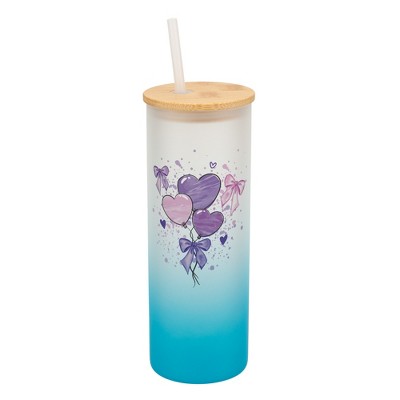 Elanze Designs 25 Ounce Frosted Glass Gradient Travel Tumbler With Straw and Wooden Lid, Heart Balloons Sky Blue