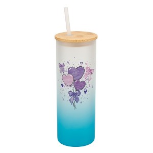 Elanze Designs 25 Ounce Frosted Glass Gradient Travel Tumbler With Straw and Wooden Lid, Heart Balloons Sky Blue - 1 of 1