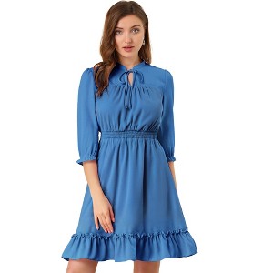 Allegra K Women's Solid Ruffle Hem 3/4 Sleeve A-Line Smocked Short Chiffon Dress - 1 of 4