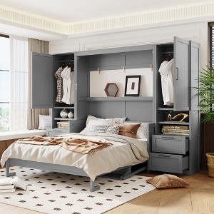 ModernLuxe Full/Queen Size Murphy Bed Wall Bed with Closet, Drawers & Shelves, Space-Saving Foldable Bed for Bedroom, White/Gray - 1 of 4