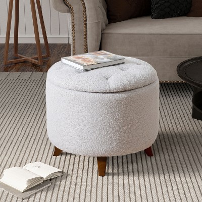 CAVINAS Modern Round Teddy Fleece Ottoman Bench with Storage,Small Button Tufted Storage Ottoman for Living Room