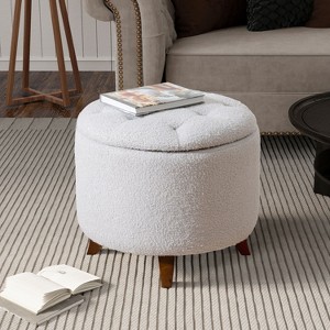 CAVINAS Modern Round Teddy Fleece Ottoman Bench with Storage,Small Button Tufted Storage Ottoman for Living Room - 1 of 4