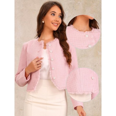 Женские пиджаки Allegra K Women's Plaid Tweed Crew Neck Cropped Button Up Elegant Work Blazer Pink X-Small — фото 2